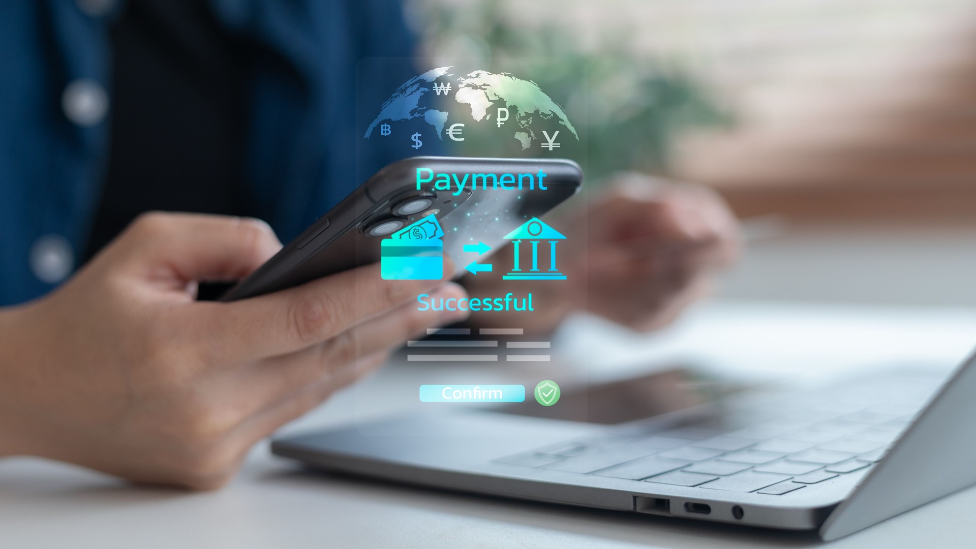 Close up hand holding a smartphone showing a global payment transaction with currency symbols: online banking, international money transfer, fintech, and digital finance concepts.